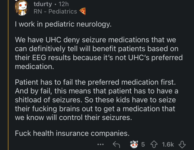 A social media post discusses issues faced in pediatric neurology regarding health insurance (UHC) denying necessary seizure medications based on preferred lists, resulting in patients needing to experience severe seizures before receiving appropriate treatment. The author expresses frustration with health insurance companies.