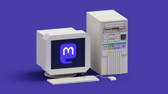 Voxel render of a generic 90s 486 era tower computer with a CD Rom drive, 5.25 inch floppy drive that is slightly more discolored than everything else along with 2 3.5 inch floppy drives. The LED is displaying the number 66 to signify the processors speed in megahertz. There is also a CRT monitor displaying the Mastodon logo, along with a keyboard and mouse.