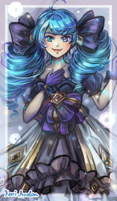 A cropped illustration of Gwen from League of Legends. Gwen is smiling at the viewer. Her hair is tied into curly twin tails with enormous bows. And, she is wearing a voluminous, frilly off-shoulder dress and gloves. 