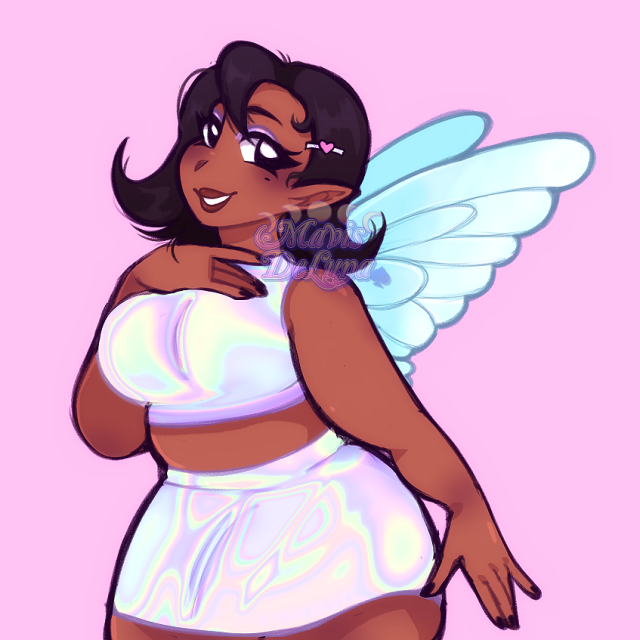 A digital drawing of a fairy in anime/cartoon style. She has medium brown skin and short black hair in a bob that flips out at the ends. She's wearing a single barrette with a pink heart on it. Her outfit is a crop top and miniskirt, both in rainbow holographic material. She's smiling with shiny lip gloss and she's posed with one hand down and the other above her chest. Her wings are a soft pastel blue.