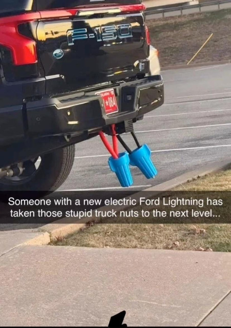 A picturenof the back kf a Ford Lightning EV truck with four giant wires hanging off the tail. The four wires have wiring nuts on them. Text reads:

Someone with a new electric Ford Lightning has taken those stupid truck nuts to the next level...