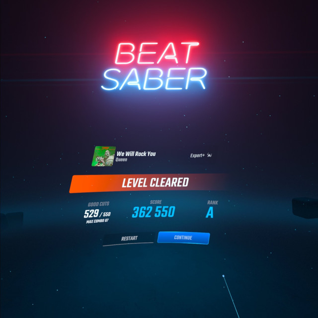 Screenshot of Beat Saber. Song is We Will Rock You by Queen. Level Cleared. Score 362,550. 529/550 good cuts. Rank A. 