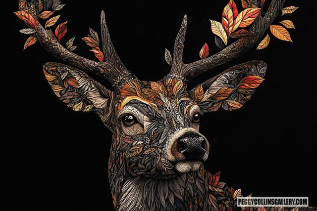 Artwork of a deer buck with autumn leaf designs on a black background, by artist Peggy Collins.