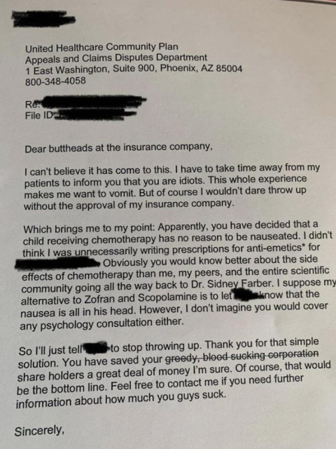 A doctor’s letter to United Healthcare for denying nausea meds for a child on chemo