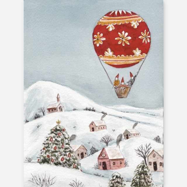 Pixies in a hot air balloon, survey the snowy landscape, with watercolors.