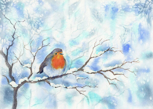 Robin in a winter landscape is a watercolor painting in landscape format hand-painted by the artist Karen Kaspar.
A European Robin sits on a snow-covered branch in the middle of a gentle winter scene. The bright orange breast feathers form a striking contrast to the soft, cool colours of the wintry background. Delicate twigs are lightly dusted with snow, lending the scene a calm and frosty atmosphere. Soft blue and white tones fill the background and suggest a cold but calm atmosphere.