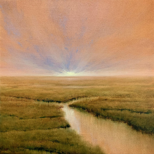 Original oil painting by Tisha Mark, "Awake" 16"x16" oil on canvas (2023). Painting of a coastal marsh in autumn underneath an orange-toned sunrise sky. Light from the sky is reflected in the water below, and bounces off the marsh grass.