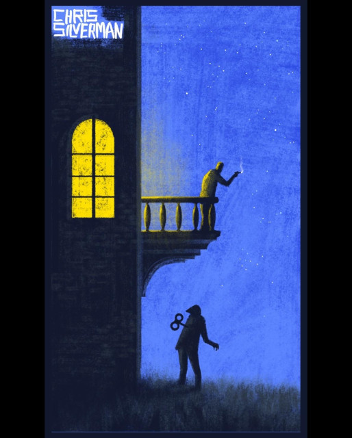 A person stands on a low balcony of what looks like a mansion. It's a clear, starry night. The sky is dark blue. The side of the mansion, on the left side of the painting, has a large, arched window glowing yellow. We can't see the door to the balcony but it's probably open, since a yellow glow is illuminating the back of the person. The person is leaning over the balcony, a lit cigarette in their hand. Below the balcony, concealed in the darkness, is a shadowy figure wearing a hoodie. The figure looks like they are looking up. They have a clock key sticking out of their back. All around, the night is serene; the darkness like a still pool of water, waiting to be shattered.