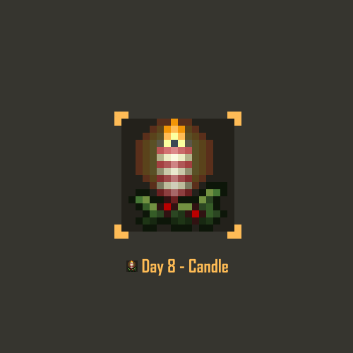 Pixel icon of a festive lit candle adorned with holiday leaves