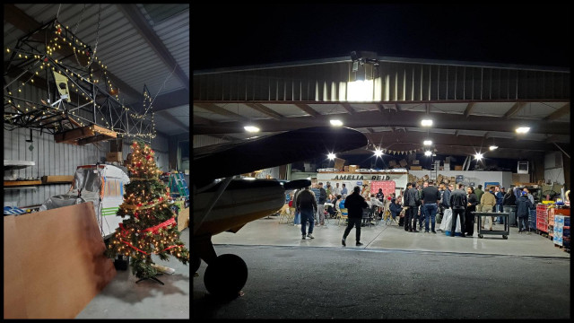 from left to right: bare champ fuselage decorated as christmas tree next to actual christmas tree, nighttime view of the hangar with folks inside with a Maule M5 in the foreground.