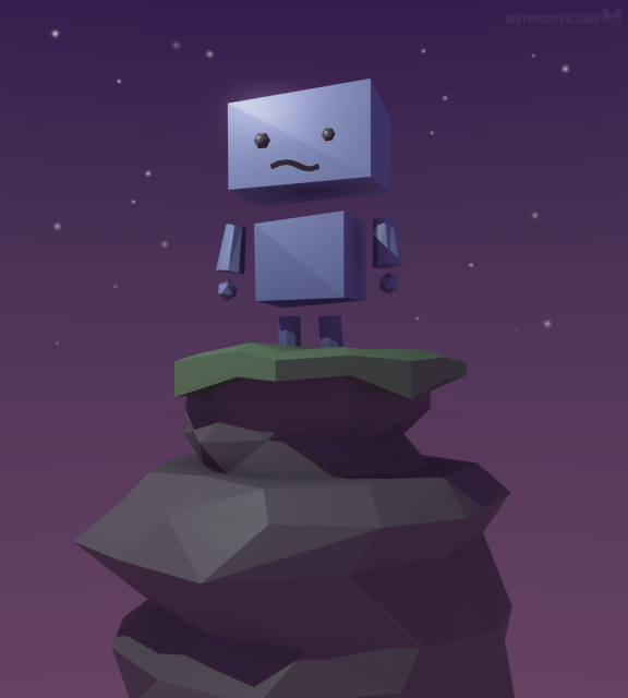 Faceted, low-polygon cute robot character design, standing on top of a small cliff, in front of a starry background.