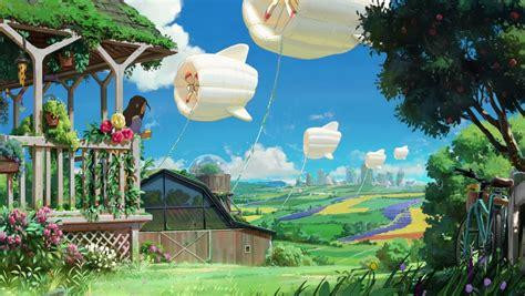 An idyllic, illustration of solarpunk, with similar floating wind turbines hovering over farmland. 