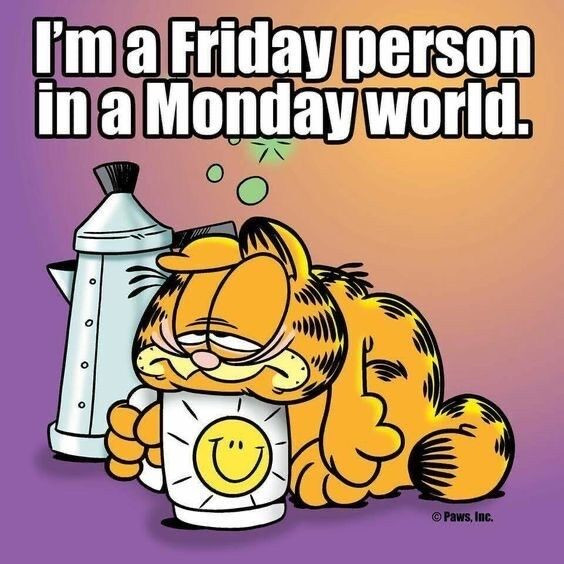 Garfield leaning sad kver a cup of coffee. Words read: I’m a Friday person in a Monday world