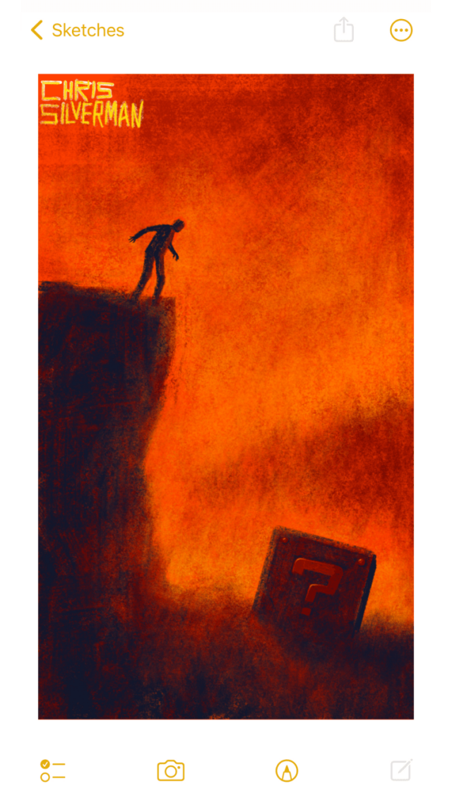 A figure stands on a cliff, looking over the edge. The sky is a deep orange-red. In the distance is a blurry treeline. At the foot of the cliff, lying in the grass, is a box with four brass bolts and a metal question mark on it; a box that anyone who's ever played Nintendo will probably recognize.