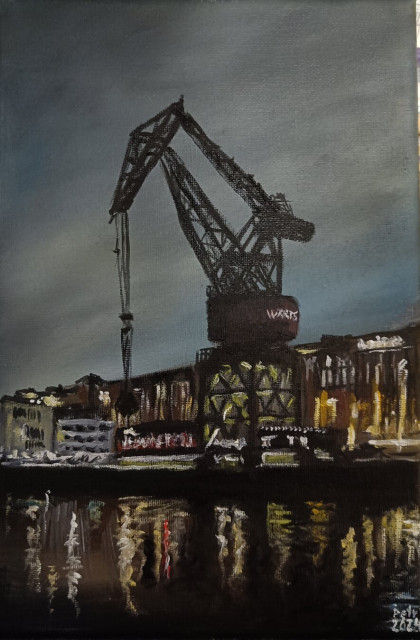 An oil painting of a harbour crane and the restaurant by it. Dark night sky. Crane as silhouette against the sky. Lights in the windows of the buildings. Picture across the river, lights reflecting from the water of the river with the shadow of the crane.