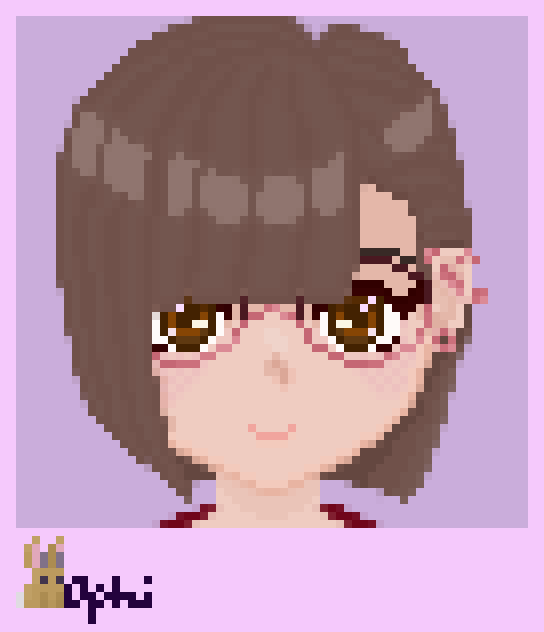 Depicted is a pixel art portrait of a femme person with brown eyes. She has chin-length brown hair with blunt bangs; the left side is tucked behind the ear, revealing a pierced ear. She has a tunnel, an industrial, and a helix piercing in rose gold. She also wears rose gold ful vue glasses, with a darker red on the top part of the frame.