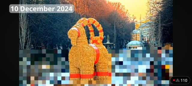 The Gävle Goat on the morning of 10th of December 2024.

Picture shows a large straw effigy of a goat with red trimmings surrounded by a fence. Behind the goat a tree lined esplanade and the Gävle theatre are visible. Parts of the image are pixelated to obscure people passing by.

Picture from YouTube Live Feed. 