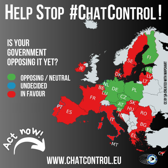 Countries that voiced objections against the Chat Control proposal in an embassadors meeting on 6 December are marked green (either against or abstaining). Countries that remained silent are marked red.