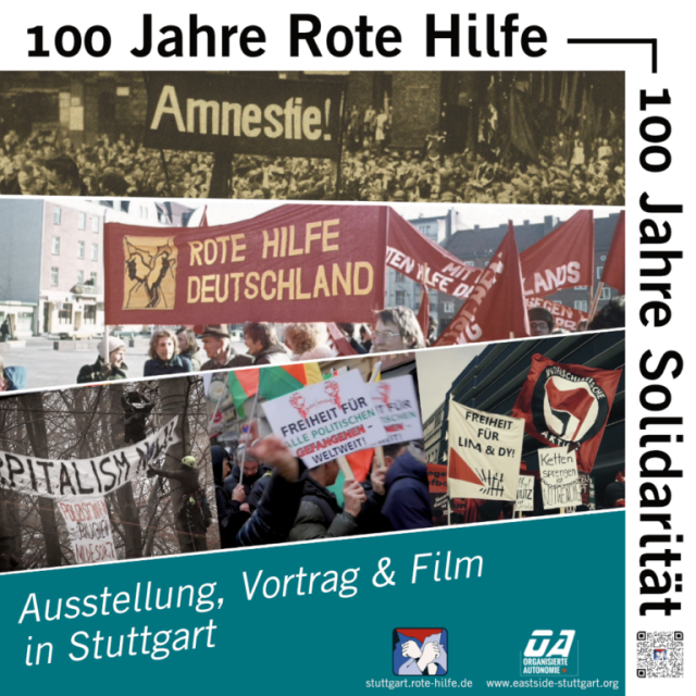 Das SharePic zum 100. Jahrestag der Roten Hilfe zeigt eine Collage verschiedener Stationen in der Geschichte der Roten Hilfe sowie den Hinweis auf die Ausstellung