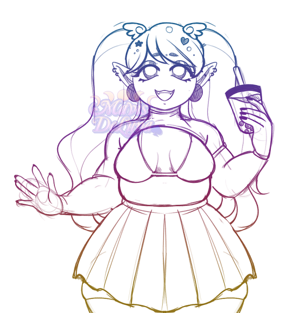 A digital sketch in anime/cartoon style of a plus-size rave girl. She's got her hair in long ponytails with bangs, and has wing clips on the top of her head. She's wearing a bikini top with cropped sleeves, and a miniskirt. She's holding a cup of bubble tea and is smiling wide while looking at the viewer.