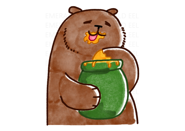 A watercolor painting of a bear, with brown fur, holding a green honey pot in one hand, and scooping its other hand around inside the pot. His mouth is covered in honey as he licks his lips, an expression of pure bliss on his face.