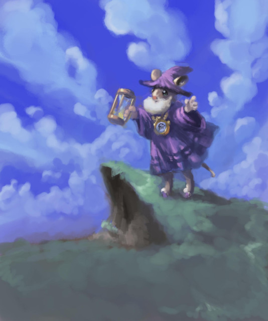 Digital painting of anthropomorphic mouse wizard, holding hourglass