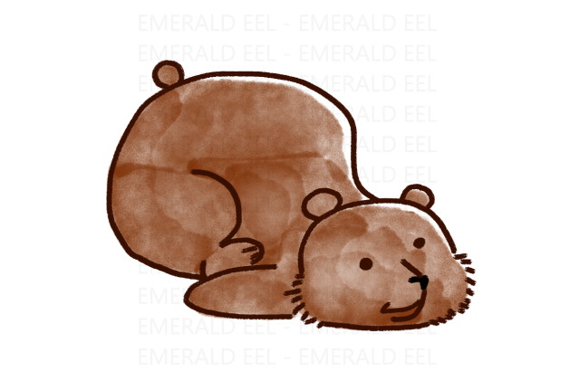 A watercolor painting of a stylized brown bear. It is drawn and coloured in a simple way, most of the detail in its face and fuzzy cheeks. It's staring blankly ahead.