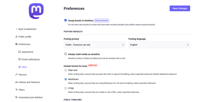 Screenshot of Mastodon preferences, the important part is the 'default format for toots' option (which is specific to glitch-soc), select 'Markdown' instead of plain text