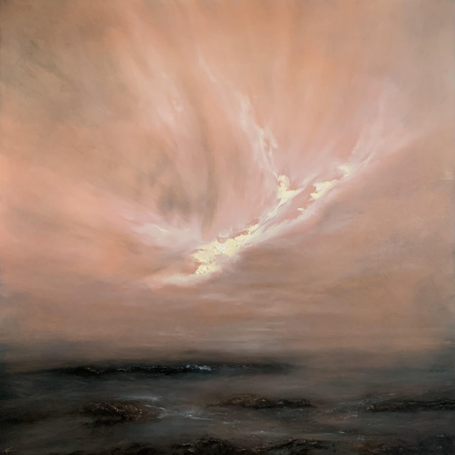 Original seascape oil painting by Tisha Mark, "After the Storm" 30"x30" oil on cradled Ampersand Gessobord (2024). Moody seascape with an orange-toned sky with big dramatic textured light yellow light breaking through after a storm. Subtle light is reflected in the textured rocky waters below the sky.