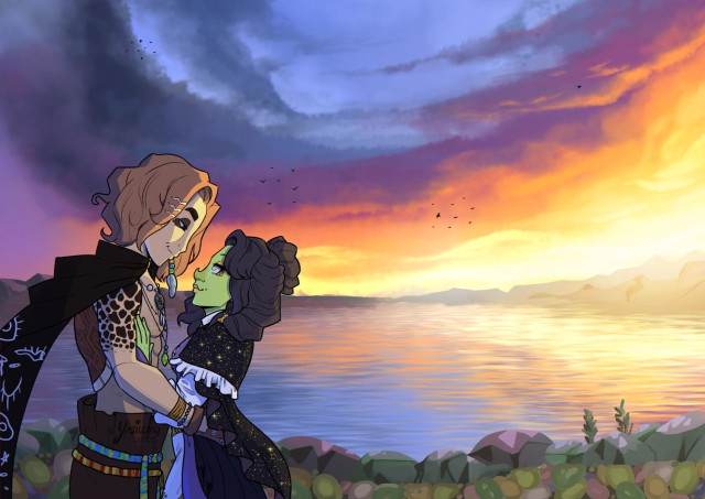 Drawing depicting two characters in love staring at each other lovingly while the sun sets in the background. They stand in front of a lake.