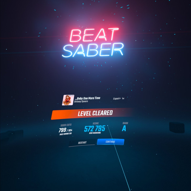 Screenshot of Beat Saber. Britney Spears  …Baby One More Time. Score 572,795. Rank A. Expert+ mode. 