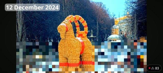 The Gävle Goat on the morning of 12th of December 2024.

Picture shows a large straw effigy of a goat with red trimmings surrounded by a fence. Behind the goat a tree lined esplanade and the Gävle theatre are visible. Parts of the image are pixelated to obscure people passing by.

Picture from YouTube Live Feed. 
