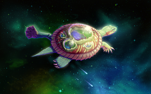 A red-eared slider world turtle swims in space, a kaleidoscope of stars frame the turtle. There are four biomes on the turtle's shell, capped by iridescent bubbles.