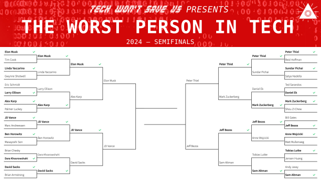 Bracket showing Elon Musk, JD Vance, Peter Thiel, and Jeff Bezos in the final four.