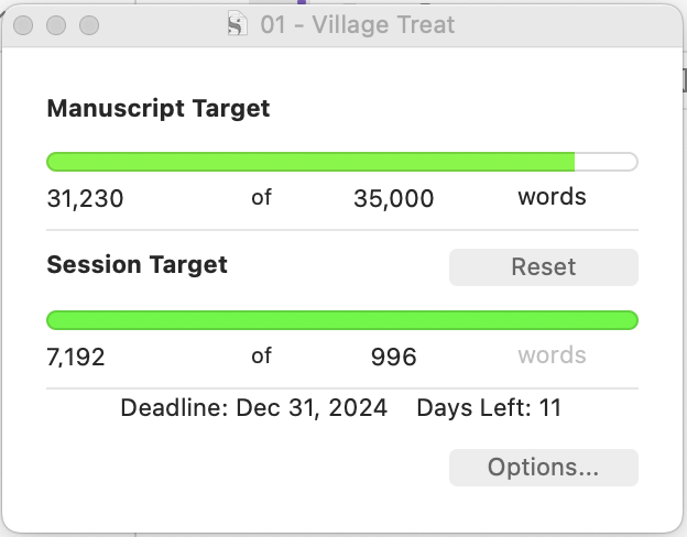 Third screenshot of the Scrivener Project Target widget of the day. The totals are now: Manuscript at 31,230 of 35,000; Session at 7,192 of 996.