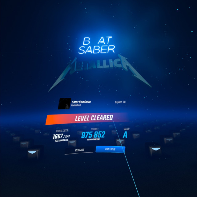 Screenshot of Beat Saber. Song is Metallica’s Enter Sandman. Score is 975,852. Rank is A. Mode is Expert+. 