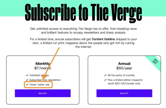 Screenshot of The Verge's subscription page. In the Monthly section it says one of the benefits is "Fewer, better ads".