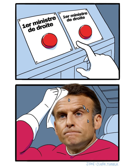 via @Durand_Alexandre 

meme "red button" 
le personnage hésite entre deux boutons rouge en transpirant.
le personnage est Emmanuel Macron.
les 2 boutons rouge sont
- premier ministre de droite
ou 
- premier ministre de droite