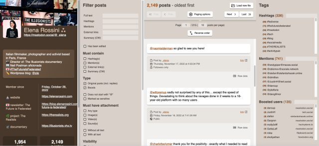 a screenshot of the MARL interface showing the ability to filter posts, browse them chronologically, see the most used hashtags, most frequent mentions and boosts