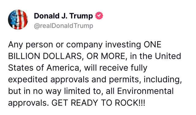 "A tweet from Donald J. #Trump's account (@realDonaldTrump).  His profile picture is a stylized image of his face superimposed on an #American flag. 

The tweet reads: 
"Any person or company investing ONE BILLION DOLLARS, OR MORE, in the "UnitedStates of #America, will receive fully expedited approvals and permits, including, but in no way limited to, all Environmental approvals. GET READY TO ROCK!!!"

Provided by @altbot, generated using Gemini"