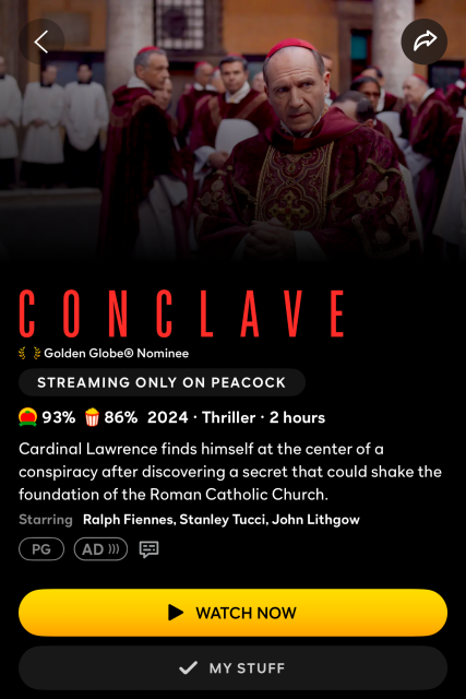 Screenshot from Peacock app showing Conclave. 