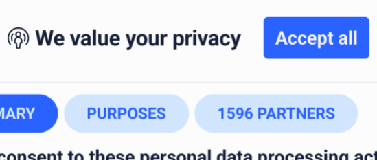 "We value your privacy" dialog showing 1596 "partners".