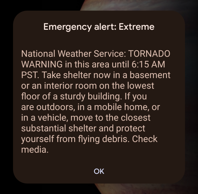 A tornado warning emergency alert