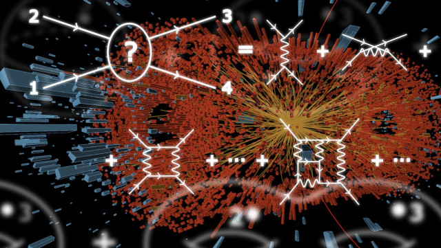 Illustration that shows particle collisions in the background in yellow traces, and red and blue boxes. In the foreground are Feynman diagrams of scattering amplitudes in increasingly complexity.