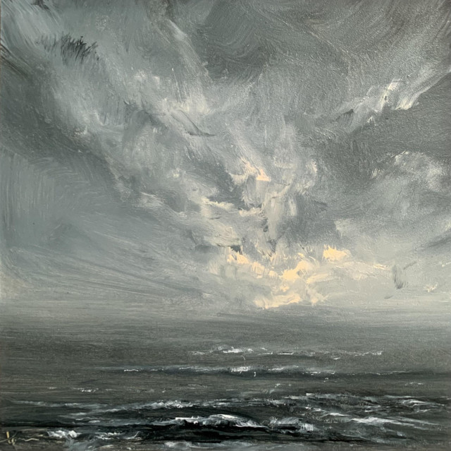 Original seascape oil painting by Tisha Mark, "The Waiting" 6"x6" oil on gessobord (2024) (Sold). Light emerges in a stormy sky over a stormy sea.