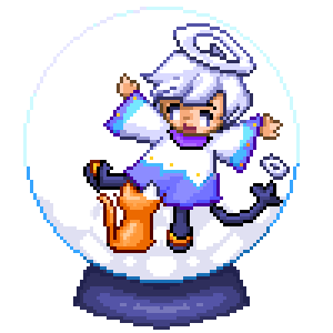 pixel artwork of a celestial angelic human creature trapped in a snowball with an orange cat