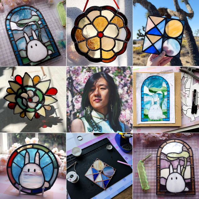 3x3 grid of the Art versus Artist template showcasing stained glass art and work in progress.