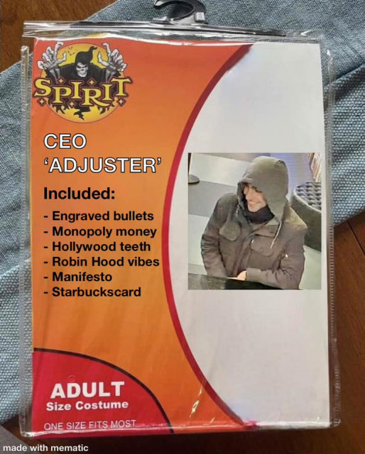 SPIRIT

CEO 'ADJUSTER' Included: - Engraved bullets - Monopoly money - Hollywood teeth - Robin Hood vibes - Manifesto - Starbuckscard

ADULT Size Costume ONE SIZE FITS MOST

made with mematic