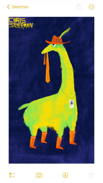 A bright yellow-green four-legged creature with a short, stubby tail and a long, giraffe-like neck. The creature is wearing four orange boots with white stripes on them, and a brown hat with a brim. The hat has a yellow-green feather sticking out of it. The creature has an orange necktie with yellow stripes dangling from its mouth, and a small white ID card hanging around its neck. Its body is facing to the right, but its head is turned around and is facing to the left. It is standing against a dark blue background.