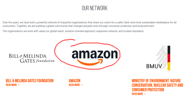 Screenshot from Consumers International website showing that Amazon is part of their "powerful network of impactful organisations that share our vision for a safer, fairer and more sustainable marketplace for all consumers."